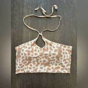 NWT AERIE TAN AND CREAM BANDEAU TIE NECK SWIM TOP - Size Large SKU:98
